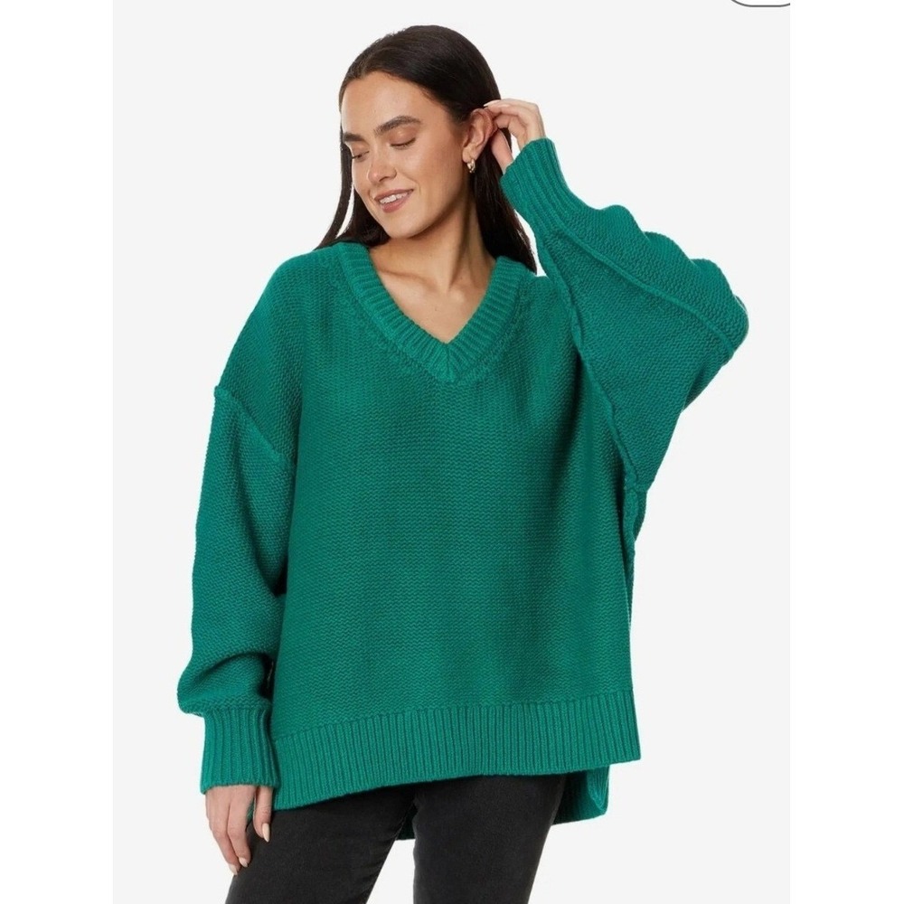 Free People Ali V-Neck Sweater Emerald Green Oversized Knit S P